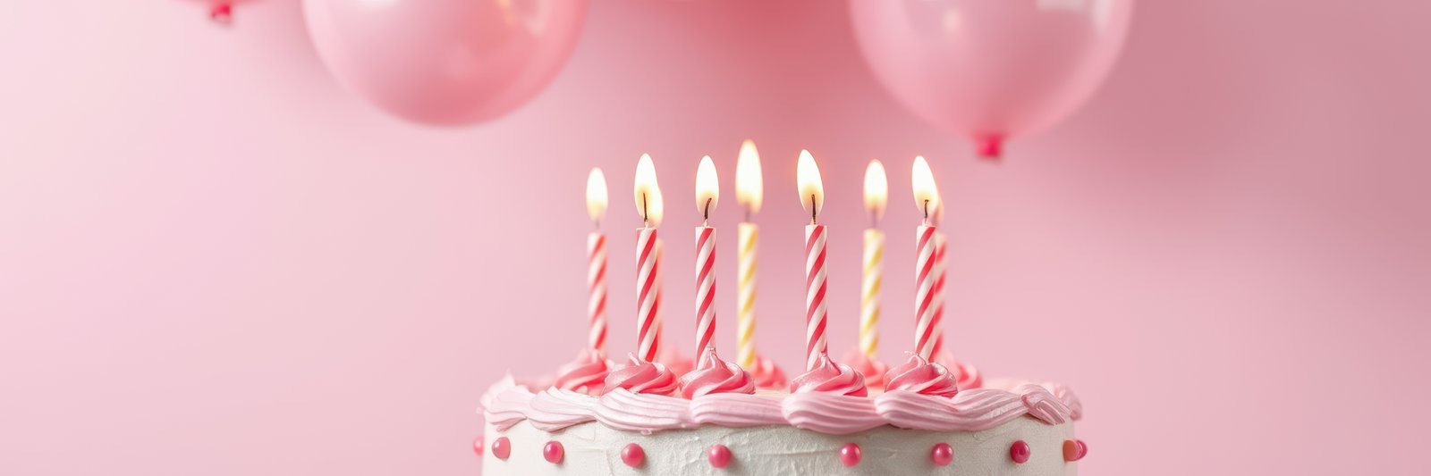 Brightly decorated birthday cake with pink balloons and lit candles for a joyful celebration